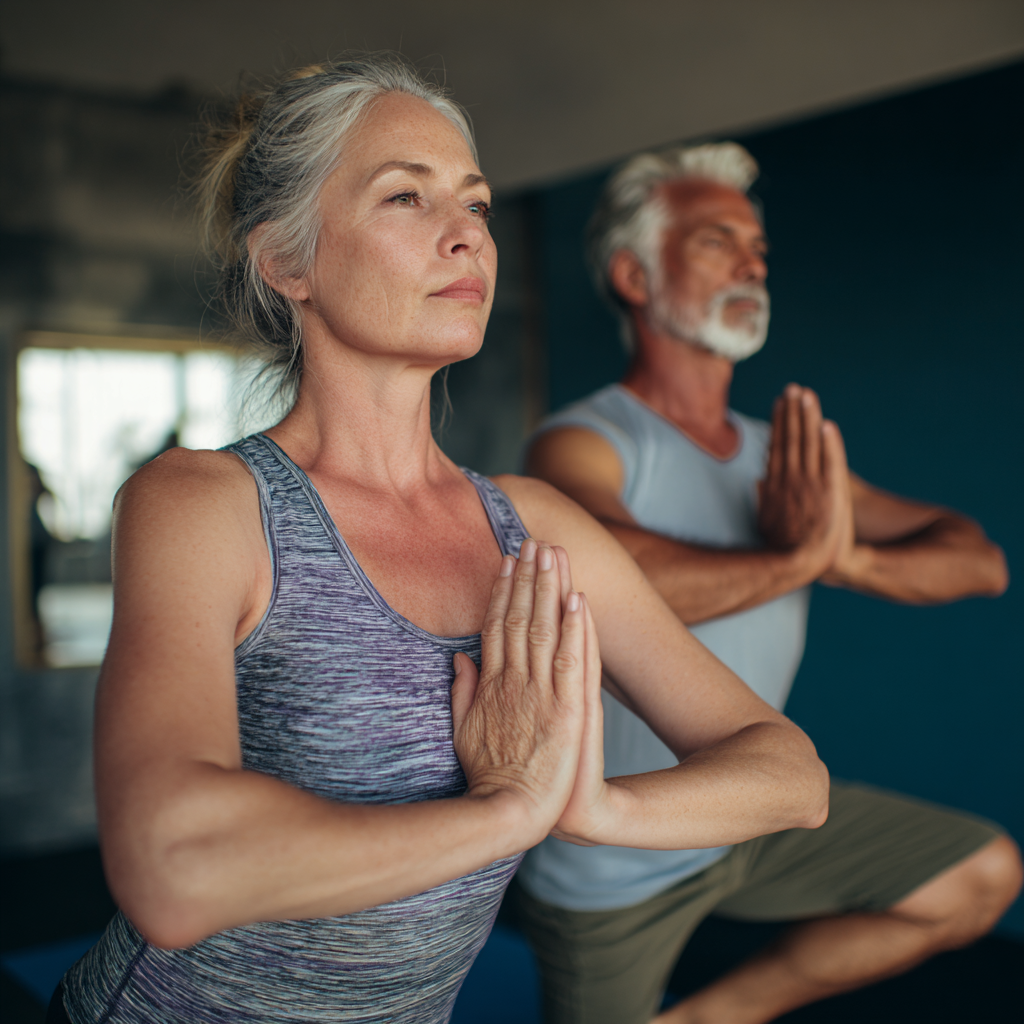 Mature instructor guiding senior adult in gentle yoga pose at peaceful wellness center