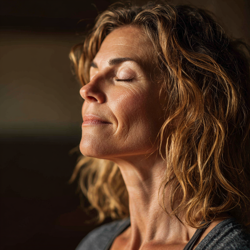 Middle-aged woman practicing mindful breathing meditation in serene yoga studio